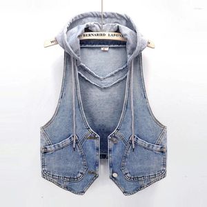 Women's Vests Korean Removable Hooded Light Blue Short Denim Vest Slim 2024 Size Autumn Casual Jean Waistcoat Chaqueta Mujer