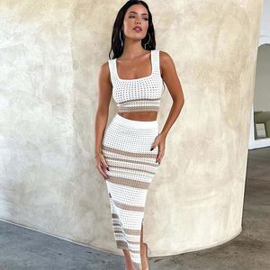 Szydełkowy strój kąpielowy pokrywka plażowa sukienka z dzianiny 2pc Set Striped Bikinis Cover-up seksowna top i spódnica z wysokiej talii