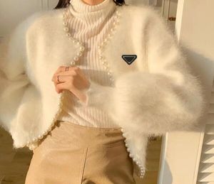 Frauen süße Laternenhülle Nerzkaschmir -Pullover Strickjacke koreanische Perlen Neue Kausalstrickkleidung Open Stitch Top Pull Femme