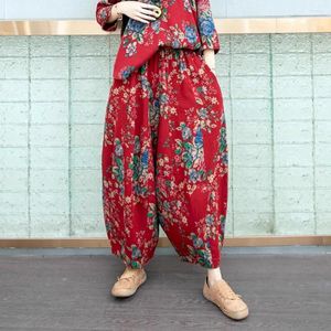 Women's Pants Cotton Linen Floral Wide Leg Pumpkin Women 2024 Spring Summer Fashion Red Pant LX1219