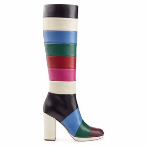 2024 Lady Leather MARTIN STOCCHI Square tacchi alti grossi Knight Colorful Color Mixed Color Splicing Women-High-High Toes Round Toes Round Knee Wedding Scarpe Siz 34-46