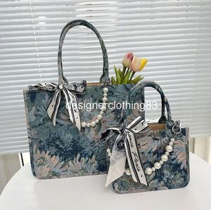 Designer Luxury Canvas Bag Women Large-capacity Handbag 2024 New Fashion Pearl Ribbon Decorative Shoulder Bags Female Tote