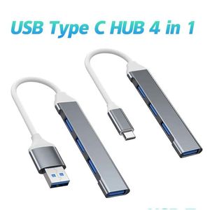 USB Hubs Mini Type C Hub 4 Ports Adapter 3.0 MTI Splitter 4in1 Docking Station Tra Slim Super Speed ​​Aluminium för dator bärbar dator PC DR OTL3R