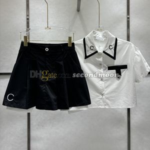 女性トリミングTシャツレター刺繍スカートデザイナーボタンスカートラペルネックショートブラウス2ピースドレス