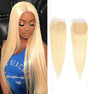 Peruwiańskie ludzkie włosy 4x4 koronkowe zamknięcie 613# Kolor jedwabisty proste blond Virgin Hair Lace Closture Middle Trzy za darmo tvaun