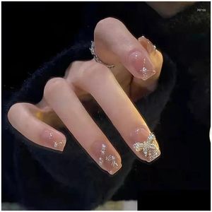 False Nails French Style Glitte Bow Design Fake Nail Patch Mid Length Coffin Ballerina Acrylic Artificial Drop Delivery Health Beauty Dhnfk