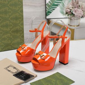 Women Dress Shoes Designer Patent Leather Upper Open Toe 14cm Waterproof Platform High Heels Party Sandals Dress Sandals Metal Chain Decorative High Heels