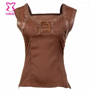 Kadın Tankları Victoria Gotik Bolero Kahverengi Perçinli Slikleather Sleelesss Dantel Yukarı Yu T-Shirt Kadın Seksi Steampunk Üstü Skrit