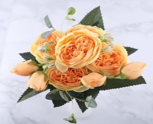 30 -cm różowy jedwabny jedwabia sztuczne kwiaty Bukiet 5 Wielka głowa i 4 pąki tanie fałszywe kwiaty do dekoracji ślubnej w domu
