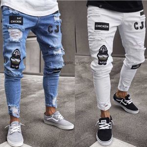 Mens Hip-Hop Slim Fit Estrerad Leggings Badge Elastic Jeans Ny stil