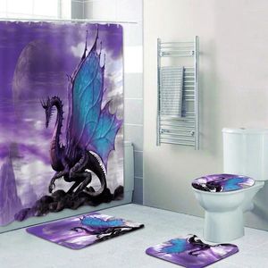 Duschgardiner Medieval Fantasy Purple Dragon Curtain Badrumset 3D Galaxy Flying Bath Toalettmattor Mattor Dekor