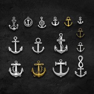 Antique Silver Plated Ocean Anchor Rudder Fish Hook Charms Nautical Pendants For Diy Jewelry Making Findings Craft Wholesale