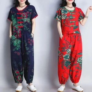 Kvinnors tvådelar Pants Casual Suit 2024 Summer Indie Folk Cotton Short Sleeved Crop Top 2 Set China Style Mors kläder