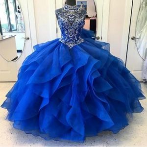 Royal Blue Quinceanera klänningar Hög hals kristall pärlstav bodice korsett organza skikt boll klänning prinsessan prom klänning snörning 299r