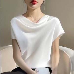 Silk kortärmad dam Silk Satin T-shirt Solid färg Högen upp kragen Simple Overized Top