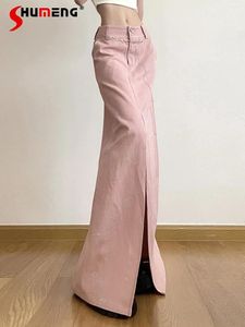 Юбка Женщина сладкая розовая джинсовая длинная юбка 2024 весна Элгант Двухлокопленная высокая талия с расщепленной джинсом для женщин для женщин