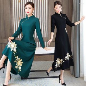 Abiti casual Dress per donne Long Autunno inverno più in velluto in stile cinese Lady a maniche lunghe Elegante Over the Knee Party RV59