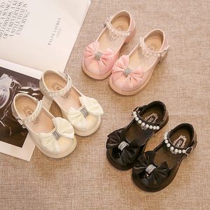 Sweet Children Leather Shoes Bowknot Organza Elegant Girls Mary Janes Three Colors Spring Princess Dance 26-36 Kids Flat Shoe 240524