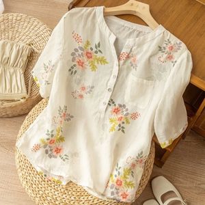 2024 Summer Arts Style Women Women Manga curta Oneck camiseta solta camiseta femme tops vintage com estampa de flor de linho de algodão P681 240521