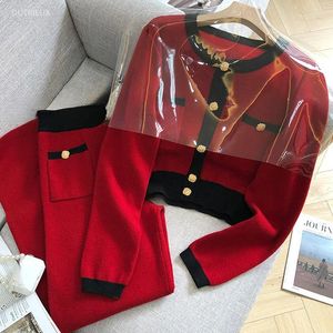 Women's Two Piece Pants Wide Leg Sets 2 Womens Outfits Casual Tracksuit Metal Button Red Cardigan Cropped Knitwear Coat Korean Clothes