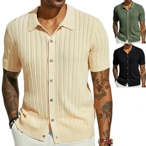 Men Knitted Shirt Short Sleeve Tee Lapel Shirt Male Summer Lapel Cardigan Breathable Single Breasted Knitted Top 240517