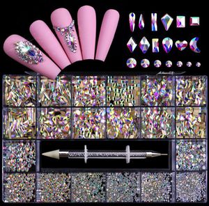 Nagelkonst Rhinestones Kit Akryl Boxade 21 rutnät Blandad storlek Set 1pc Pick Up Pen Large Crystal Decorations 3D AB Flat Gem4893358