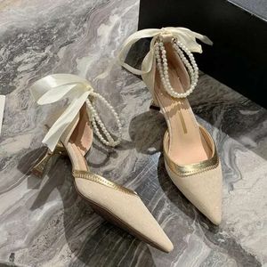 Sandaler pärla sträng båge höga klackar sexiga spetsiga tå skor sommar 2024 klänning elegant modeparty pumpar zapat 028