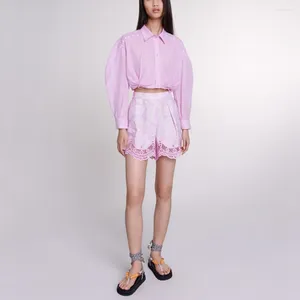 Anel de metal bordado feminino ramie blusa ramie y2k rosa plissado simples comuter peplum manga longa camisa de manga longa 2024 verão
