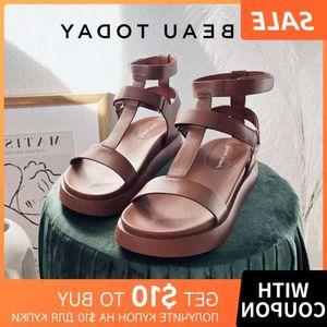 495 Gladiator Beautoday Sandalet Kadın Calfskin Deri Açık Toe T-Bar Strap Hook Döngü Yaz Bayanlar Ayakkabı El Yapımı 8ae