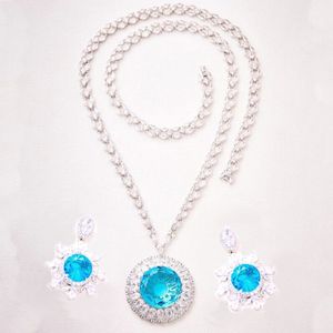 Designer Collection Style Dinner Party Long Necklace Earrings Inlay Light Blue Cubic Zircon Daimond Round Pendant Sweater Chain Smyckesuppsättningar