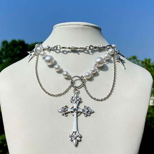 Girl Jewelry Spicy Beaded Crowd Y K Love Imitation Pearl Cross Choker Necklace