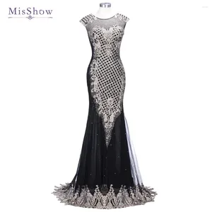 Party Dresses Misshow Glitter Mermaid Evening Gold Applique Sleeveless Diamonds Embellized längs Illusion Tulle Prom -klänningar
