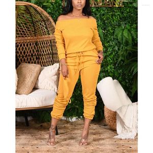 Women's Two Piece Pants 2 Sets Womens Outfits 5XL Off Shoulder Slash Neck Long Sleeve Tracksuit Women Solid Color Drawstring Waist