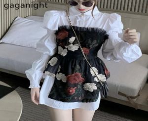Gaganight Fashion Women Two Pieces Set White Long Sleeve Shirt Vintage Embroidery Flower Tube Suit 2Pieces Set Drop 2011195171707