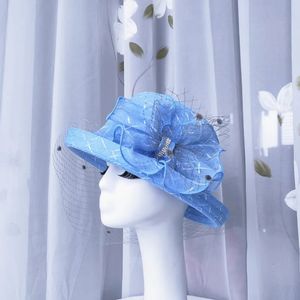 レディーガンザフェドラスハットエレガントワイドブリムオーガンザハット女性ブリティッシュスタイルの花の飾り帽子240522