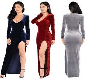 High Quality Velvet Autumn Long Dress Christmas Women Costumes Evening Party Dress Long High Vents Plus Size Casual Sexy Dresses6515265