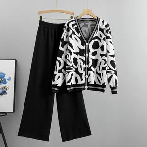 セット2ピース長いパンツ春の女性韓国ファッションスーツを持つエレガントな編み物カーディガン240516