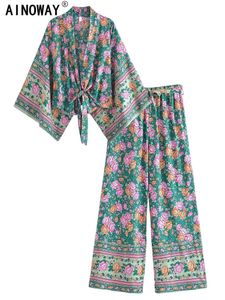 Vintage Chic Women Green Floral Print Stoły Krótki Szata Kimono Bohemian garnitury szerokie spodnie nóg 2 sztuki Rayon Boho Sets Swimsuits 240514
