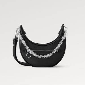 Explosion Loop M11267 handbag Black smooth calfskin Front zipped pocket Circle zip fastener silkscreen print three-dimensional pattern silver-color biker chain