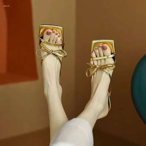 Bow Gold Slipper Women Sandaler Sier Elegant Square Toe Comfort Low Heels Sandal Shoes High Slip ECA