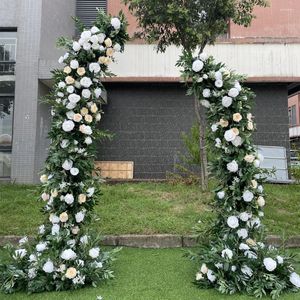 Decorative Flowers 3D Wedding Backdrop Arch With White Rose Greenly Artificial Flower Row Party Deco Gold Plated Wrought Iron Floral Stand