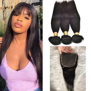 Brazilian 5X5 HD Lace Closure Free Part Silky Straight 100% Human Hair Extensions 3 Bundles With Closure Natural Color 4PCS Csffr