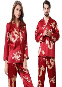 Kobiety jedwabne satynowe piżamę zestaw 2PCS pełny rękaw top spodnie w stylu chiński rok Dragon Print Lounge Mężczyźni Piżama PJS 214652581