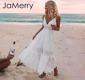Jamerry Boho broderi vit sexig spets kvinnor sommar maxi klänning spaghetti rem bomullsklänningar semesterfest långa vestidos 2019 y15395709