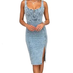 Vintage Slim Fit Denim Wrap Hip klänningar Kvinnor Casual backless Suspenders klänning kvinnlig framsida baksäckare Split Hem Midi -klänning 240520