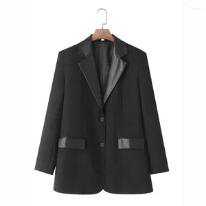 Frauenanzüge Korean Fashion Faux Leder gekerbter Kragen Patchwork Black Blazers Coat Frauen Frühling lässig Langarmanzug Jacke Frauen