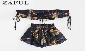 Zaful Off Shoulder Cinched Floral Women Set Slash Neck Short Sleeves Crop Top High Waist Shorts Set Beach Boho Suits Summer Y190423060335