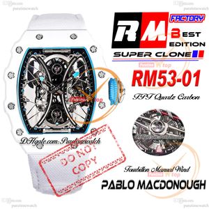 Pablo MacDonough 53-01 Manual Wind Real Tourbillon Mens Watch RMF TPT Quartz Carbon Black Inner Skeleton Dial White Nylon Strap Super Edition Puretime Reloj PTRM F5