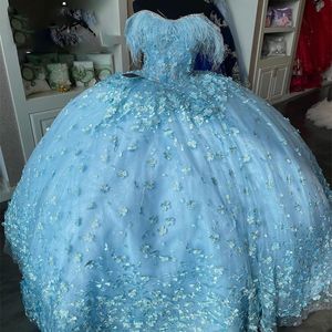 Sky Blue Off The Shoulder Beading Crystal Quinceanera Dresses Ball Gown Appliques Lace Feather Sweet 15 Vestidos De XV Anos