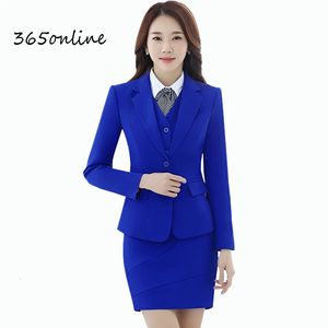 Women Business Sust Fashion Blue Ladies Blazer Gacche set con gonna e blazer cappotto disegni stili abiti da ufficio 240524